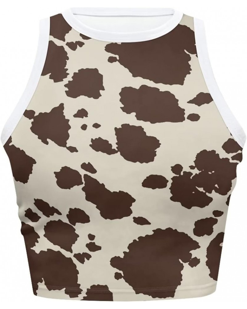 Women's Sleeveless Cropped Shirts High Neck Stretchy Fitted Basic Crop Tank Top, Size S-2XL Brown Cow Print $9.00 Tanks