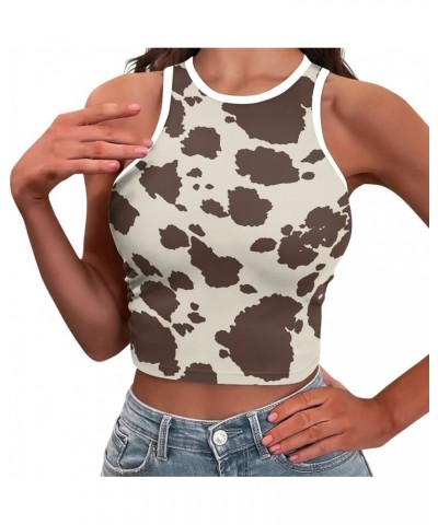 Women's Sleeveless Cropped Shirts High Neck Stretchy Fitted Basic Crop Tank Top, Size S-2XL Brown Cow Print $9.00 Tanks