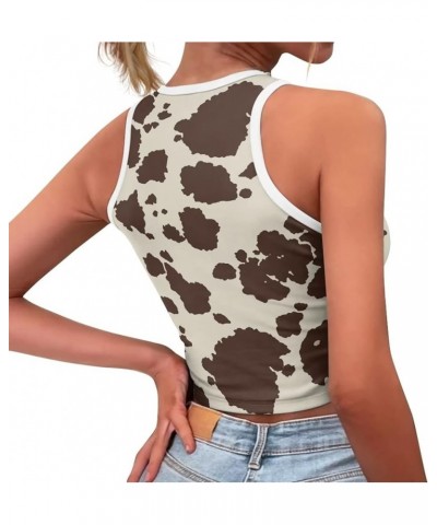 Women's Sleeveless Cropped Shirts High Neck Stretchy Fitted Basic Crop Tank Top, Size S-2XL Brown Cow Print $9.00 Tanks