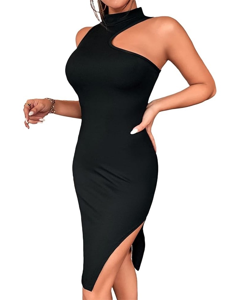 Women's Sleeveless Cut Out Knit Midi Dress Mock Neck Slit Bodycon Dress Black $7.64 Dresses