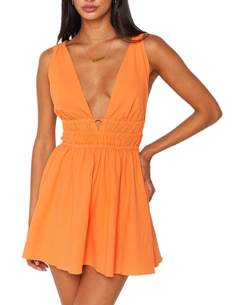 Womens Halter Backless Mini Dress Sleeveless Sexy Ruffle Flare Short Dress Open Back V Neck Y2k Fairy Dresses Aline Orange $1...