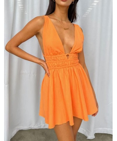 Womens Halter Backless Mini Dress Sleeveless Sexy Ruffle Flare Short Dress Open Back V Neck Y2k Fairy Dresses Aline Orange $1...