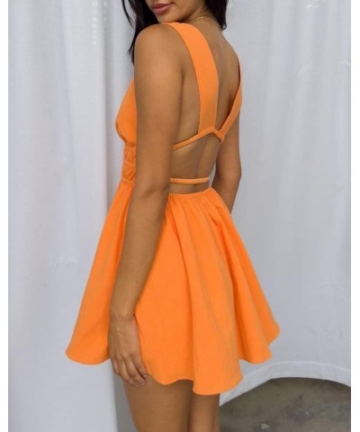 Womens Halter Backless Mini Dress Sleeveless Sexy Ruffle Flare Short Dress Open Back V Neck Y2k Fairy Dresses Aline Orange $1...