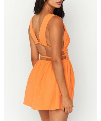 Womens Halter Backless Mini Dress Sleeveless Sexy Ruffle Flare Short Dress Open Back V Neck Y2k Fairy Dresses Aline Orange $1...