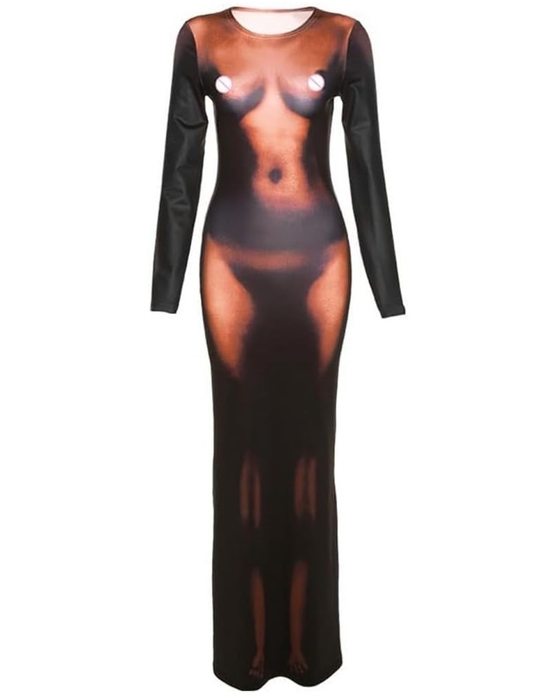 Women's Long Sleeve Bodycon Dress Unique 3D Print Sexy Body-Shaping Party Clubwear Long Maxi Pencil Dress 230208-1-dark Brown...