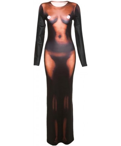 Women's Long Sleeve Bodycon Dress Unique 3D Print Sexy Body-Shaping Party Clubwear Long Maxi Pencil Dress 230208-1-dark Brown...