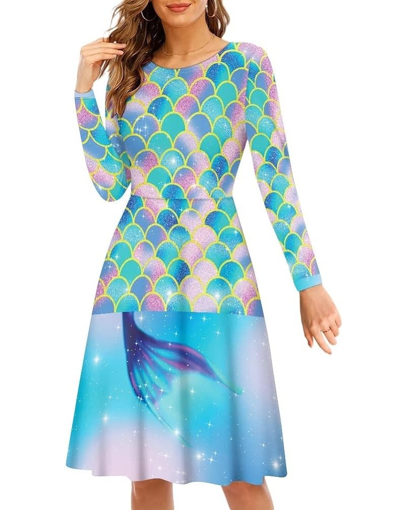 Women's The Great Wave Off Kanagawa Art 3D Print Long Sleeve Unique Casual Dress Mermaid $18.59 Dresses