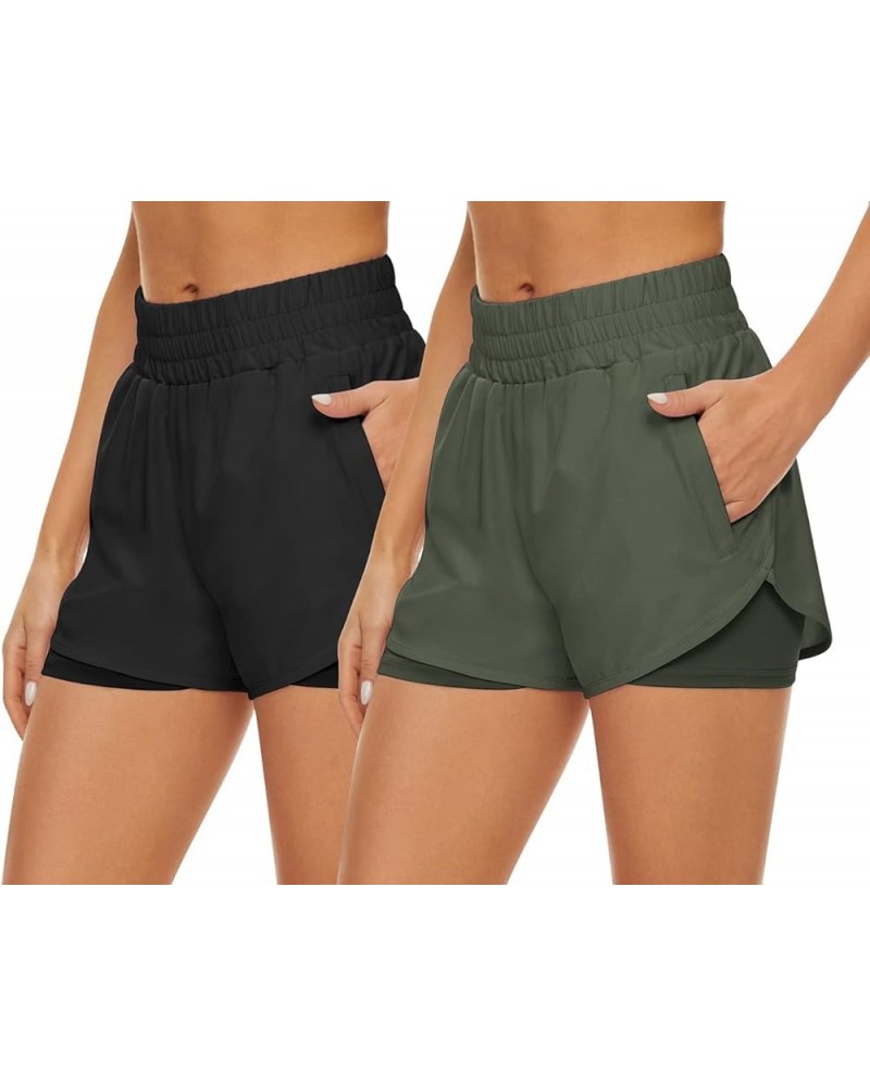 2 Pack Athletic Shorts for Women, Quick Dry Running Shorts with Pockets High Waisted Workout Gym Sports Shorts Black & Olive ...