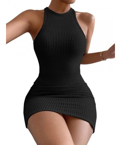 Women's Casual Sleeveless Round Neck Dress Knitted Bodycon Mini Dresses Black $11.72 Dresses