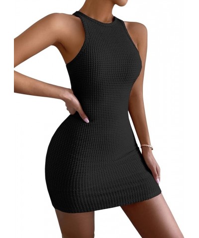 Women's Casual Sleeveless Round Neck Dress Knitted Bodycon Mini Dresses Black $11.72 Dresses