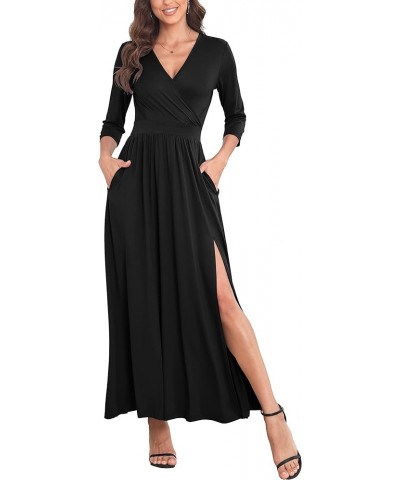 Women's 3/4 Sleeve Side Slit Empire Waist Long Maxi Dresses Pocket Black $20.50 Swimsuits