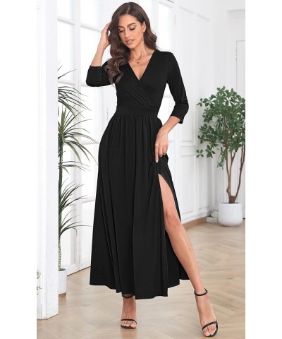 Women's 3/4 Sleeve Side Slit Empire Waist Long Maxi Dresses Pocket Black $20.50 Swimsuits