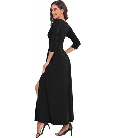 Women's 3/4 Sleeve Side Slit Empire Waist Long Maxi Dresses Pocket Black $20.50 Swimsuits