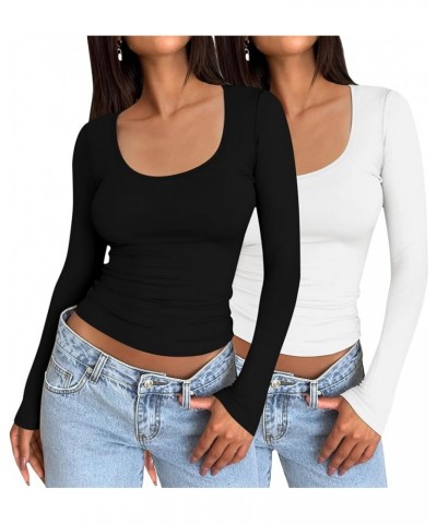 2 Pack Women's Long Sleeve Tops Scoop Neck Slim Fit T Shirt Tunic Tops Basic Shirts Tight Tee Fitted Shirt 2pcs-black+white $...