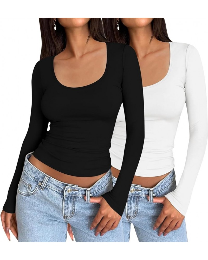 2 Pack Women's Long Sleeve Tops Scoop Neck Slim Fit T Shirt Tunic Tops Basic Shirts Tight Tee Fitted Shirt 2pcs-black+white $...