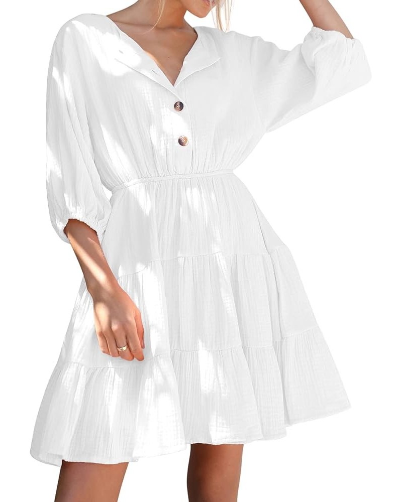 Women's Summer Linen Puff Sleeves Casual Button Up A-Line Casual Skater Mini Dresses White $13.22 Dresses