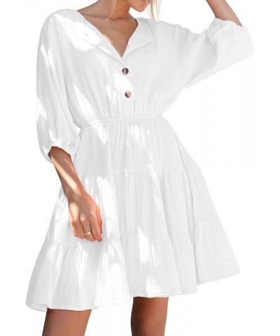 Women's Summer Linen Puff Sleeves Casual Button Up A-Line Casual Skater Mini Dresses White $13.22 Dresses