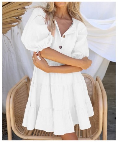 Women's Summer Linen Puff Sleeves Casual Button Up A-Line Casual Skater Mini Dresses White $13.22 Dresses