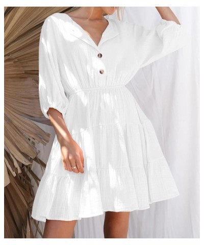 Women's Summer Linen Puff Sleeves Casual Button Up A-Line Casual Skater Mini Dresses White $13.22 Dresses