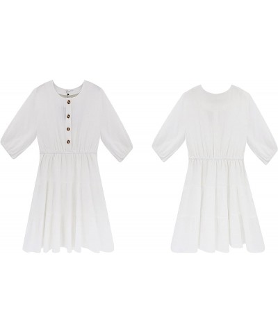 Women's Summer Linen Puff Sleeves Casual Button Up A-Line Casual Skater Mini Dresses White $13.22 Dresses