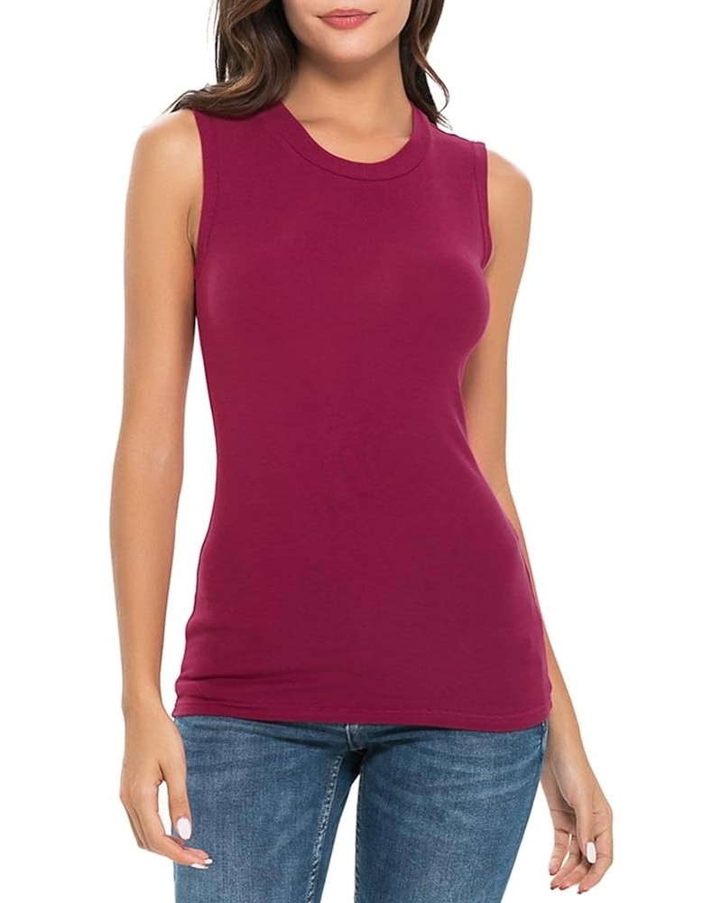 Womens Tanks Camis Crew Neck Solid Color Sleeveless Soft Layer Fitted Underbase 38986 Rose Red $9.56 Tanks