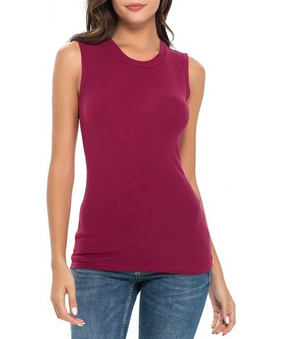 Womens Tanks Camis Crew Neck Solid Color Sleeveless Soft Layer Fitted Underbase 38986 Rose Red $9.56 Tanks