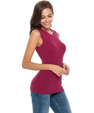 Womens Tanks Camis Crew Neck Solid Color Sleeveless Soft Layer Fitted Underbase 38986 Rose Red $9.56 Tanks