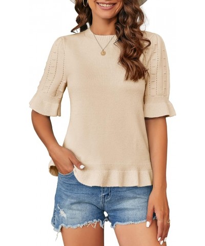 Womens Spring Ruffle Short Sleeve Pullover Sweaters Shirt Circular Flounce Crew Neck Dot Tops Soft Knit Sweater Beige $13.19 ...