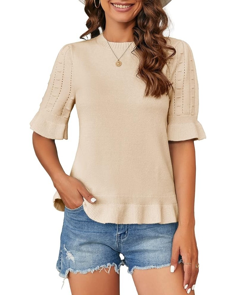 Womens Spring Ruffle Short Sleeve Pullover Sweaters Shirt Circular Flounce Crew Neck Dot Tops Soft Knit Sweater Beige $13.19 ...