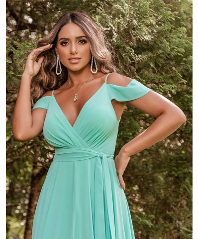 Off Shoulder Bridesmaid Dresses 2023 for Women Long Chiffon V Neck Formal Evening Gown with Slit RYZ18 Silver $32.99 Dresses