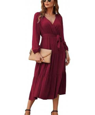 Womens V Neck Long Sleeve Casual A Line Tiered Fall Vintage Party Midi Long Maxi Dress with Belt Wine Red $16.56 Dresses