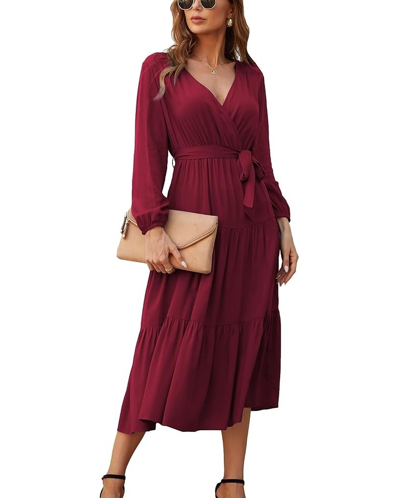 Womens V Neck Long Sleeve Casual A Line Tiered Fall Vintage Party Midi Long Maxi Dress with Belt Wine Red $16.56 Dresses