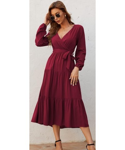 Womens V Neck Long Sleeve Casual A Line Tiered Fall Vintage Party Midi Long Maxi Dress with Belt Wine Red $16.56 Dresses