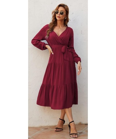 Womens V Neck Long Sleeve Casual A Line Tiered Fall Vintage Party Midi Long Maxi Dress with Belt Wine Red $16.56 Dresses