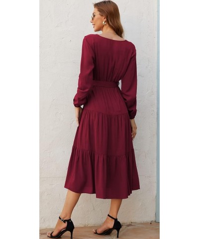 Womens V Neck Long Sleeve Casual A Line Tiered Fall Vintage Party Midi Long Maxi Dress with Belt Wine Red $16.56 Dresses