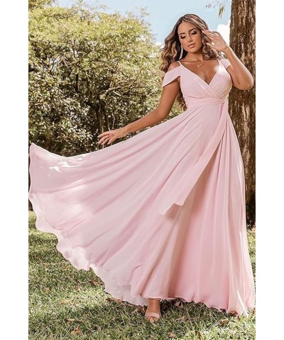 Off Shoulder Bridesmaid Dresses 2023 for Women Long Chiffon V Neck Formal Evening Gown with Slit RYZ18 Silver $32.99 Dresses