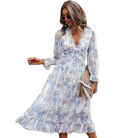 Womens Fall Spring Summer Sexy V Neck Ruffle Long Sleeve Short Sleeve Floral Print A Line Long Midi Dress 1 White $24.90 Dresses