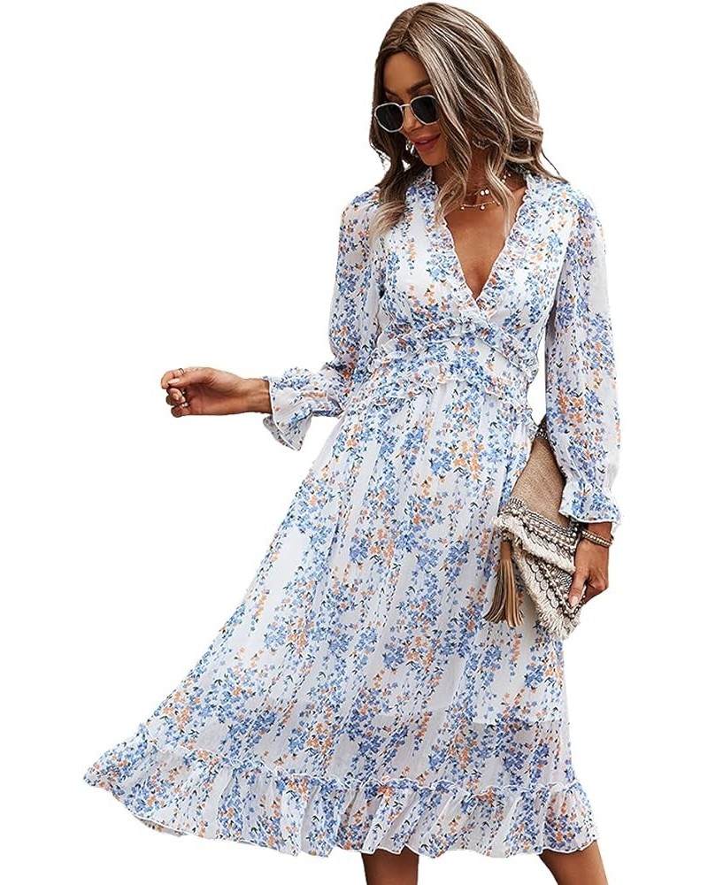 Womens Fall Spring Summer Sexy V Neck Ruffle Long Sleeve Short Sleeve Floral Print A Line Long Midi Dress 1 White $24.90 Dresses