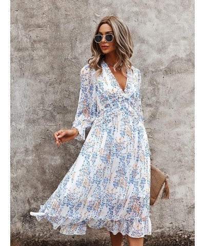 Womens Fall Spring Summer Sexy V Neck Ruffle Long Sleeve Short Sleeve Floral Print A Line Long Midi Dress 1 White $24.90 Dresses