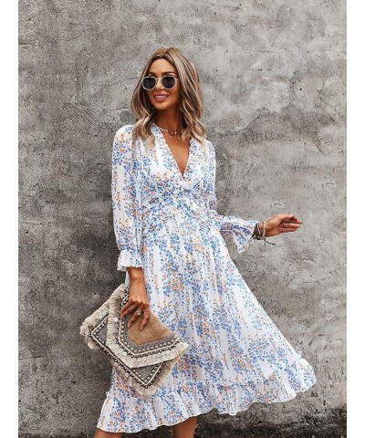 Womens Fall Spring Summer Sexy V Neck Ruffle Long Sleeve Short Sleeve Floral Print A Line Long Midi Dress 1 White $24.90 Dresses