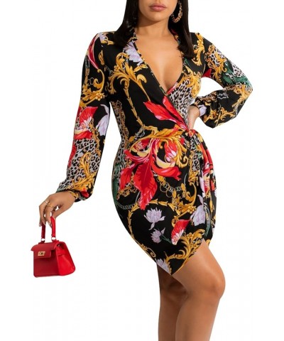 Women's Sexy Faux Wrap V Neck Collar Long Sleeve Mini Shirt Dress Casual Loose Blouses Leopard-a $20.69 Dresses