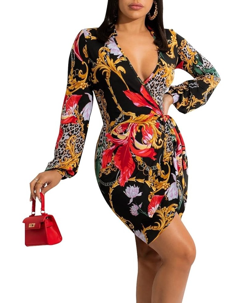 Women's Sexy Faux Wrap V Neck Collar Long Sleeve Mini Shirt Dress Casual Loose Blouses Leopard-a $20.69 Dresses