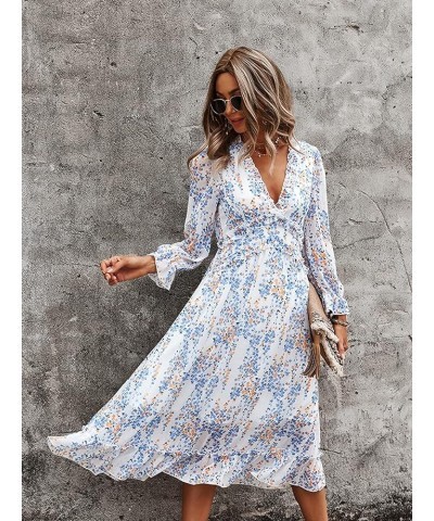 Womens Fall Spring Summer Sexy V Neck Ruffle Long Sleeve Short Sleeve Floral Print A Line Long Midi Dress 1 White $24.90 Dresses