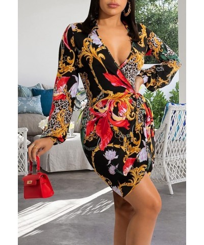 Women's Sexy Faux Wrap V Neck Collar Long Sleeve Mini Shirt Dress Casual Loose Blouses Leopard-a $20.69 Dresses