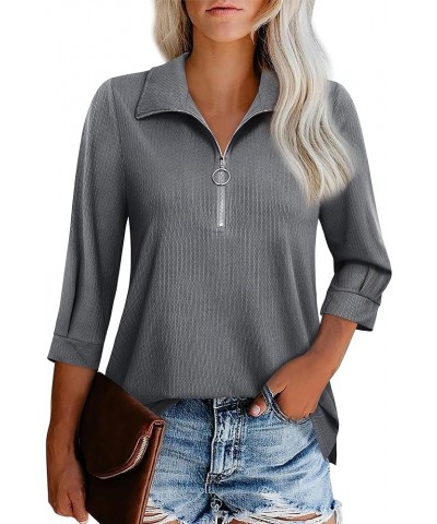 Womens Tops Dressy Casual 3/4 Length Sleeve V Neck Shirts and Blouses Zipper Collar Women Polo Shirts Morandi Grey $14.21 Shirts