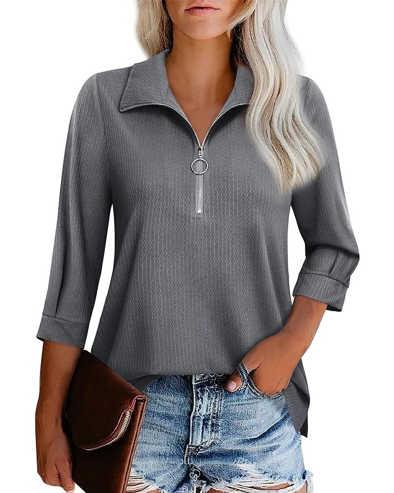 Womens Tops Dressy Casual 3/4 Length Sleeve V Neck Shirts and Blouses Zipper Collar Women Polo Shirts Morandi Grey $14.21 Shirts