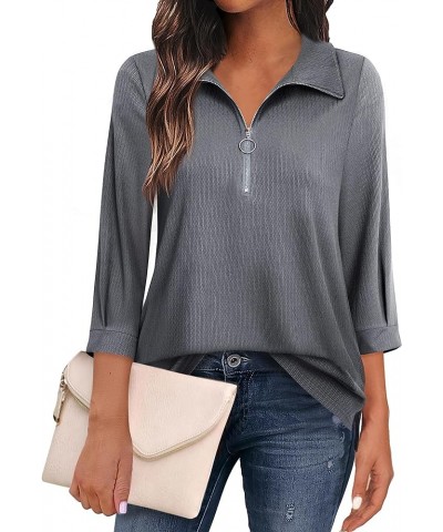 Womens Tops Dressy Casual 3/4 Length Sleeve V Neck Shirts and Blouses Zipper Collar Women Polo Shirts Morandi Grey $14.21 Shirts