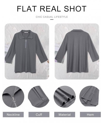 Womens Tops Dressy Casual 3/4 Length Sleeve V Neck Shirts and Blouses Zipper Collar Women Polo Shirts Morandi Grey $14.21 Shirts