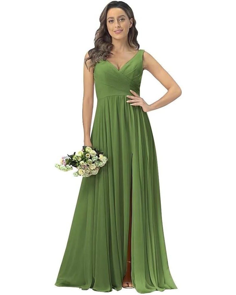 V Neck Chiffon Bridesmaid Dresses with Slit Prom Dress Long A Line Formal Evening Gown Olive Green $28.98 Dresses