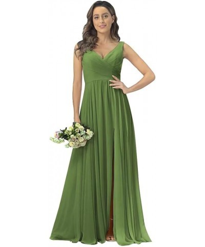 V Neck Chiffon Bridesmaid Dresses with Slit Prom Dress Long A Line Formal Evening Gown Olive Green $28.98 Dresses